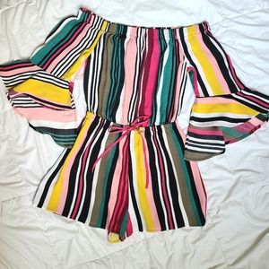 Express Off the Shoulder Bell Sleeve Vertical Stripe Romper
